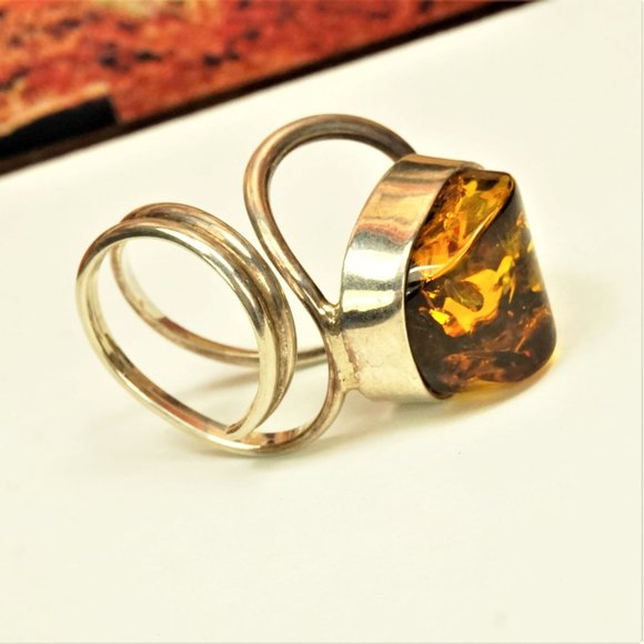 LARGE BALTIC AMBER 925 SILVER ADJUSTABLE RING, UNIQUE DESIGN, GIFT FOR WOMEN - Picture 10 of 16